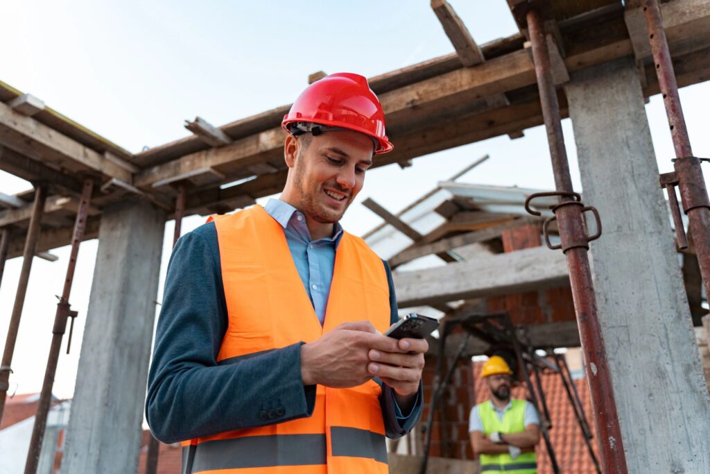 Young male Caucasian building contractor, using mobile phone, on a construction site